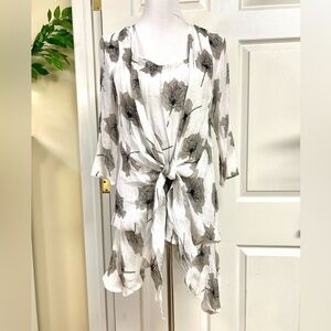 CHRISTINE PHILLIPE Grey Crinkle floral Print front tied Tunic dress boho size M